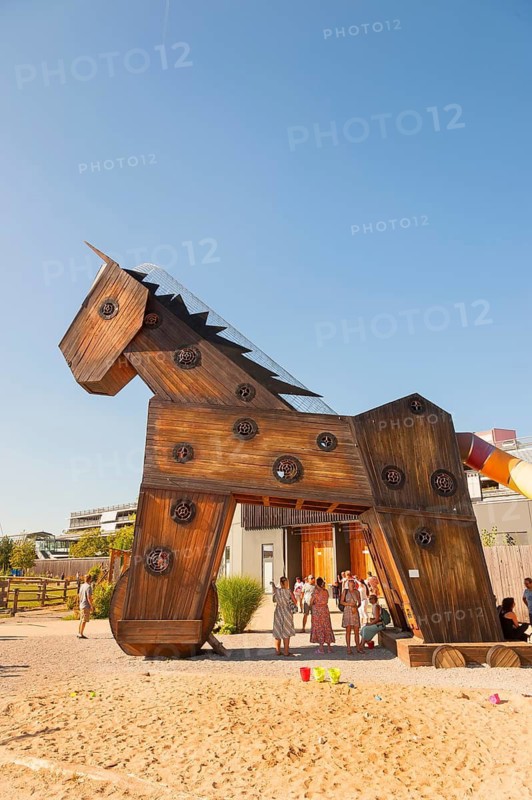 Trojan horse, accessible for children, during Cavalluna summer camp, at SHOWPALAST MÜNCHEN, the stage for shows with horsemanship, artistry, dance and music. Munich, Bavaria