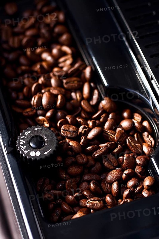 Coffee machine, coffee bean container, top view, close-up, no people, rustic style, selective focus