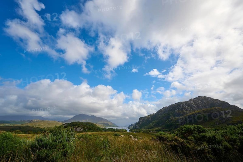 Mountain landscape under blue sky with white clouds and green vegetation, Loch Maree, Taagan, Achnasheen, Scotland, United Kingdom, Great Britain