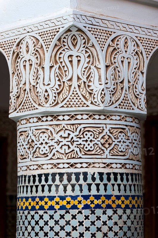 Columns in Riad, Column, traditional, decorated, ornament, decoration, art, construction, building, house, architecture, oriental, arabic, orient, Marrakech, Morocco