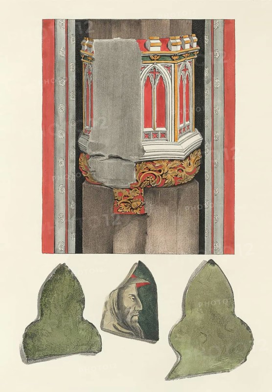 Sculpture and painted glassform from St Stephen's Chapel, old Palace of Westminster, London, England, United Kingdom