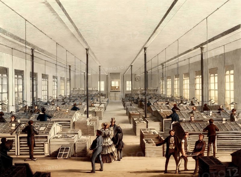 Manual typesetting in 19th century, company F.A. Brockhaus, Germany