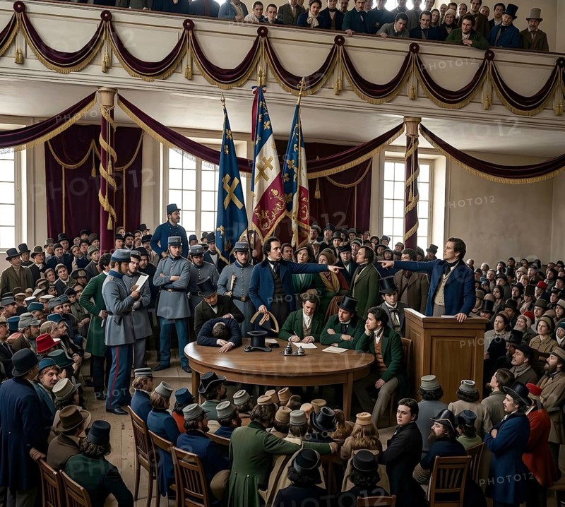 Conference German Student Parliament 1848, symbolic picture students, corps, politics, assembly, historical illustration, digitally edited