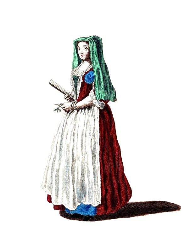 Historical clothing, fashion over time, clothing of a bourgeois woman from Frascati in 1768, Italy, digitally restored reproduction of a model from the 18th/19th century, exact date unknown, woman in the colonial era in an elegant white dress and green headscarf, discreet and traditional