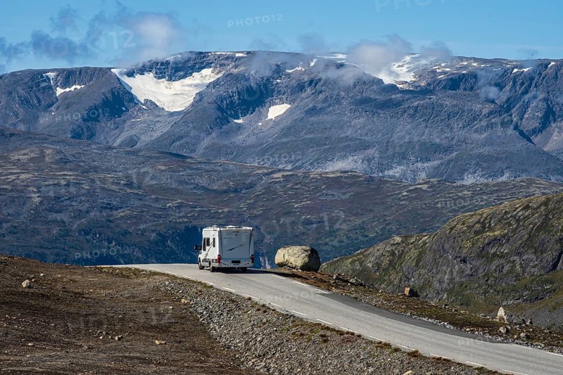 Camper van on mountain road Aurland - Lærdal, gamle Aurlandsvegen, National Tourist Route Aurlandsfjellet, Sognefjord, Norway