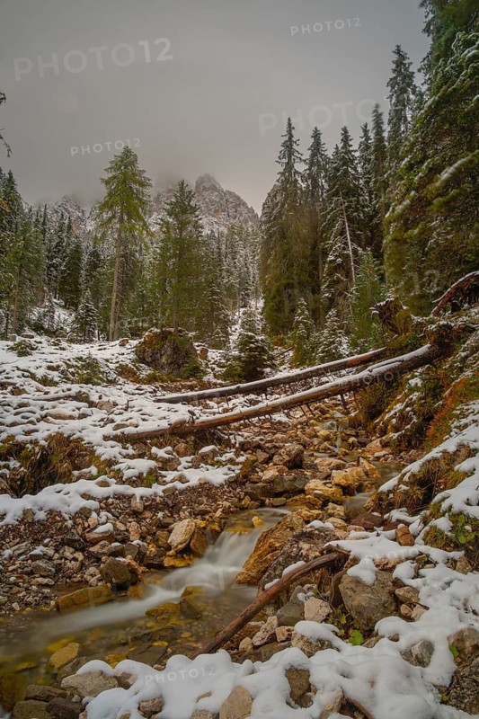 A wintry mountain landscape with fallen trees and a small stream, Peitlerkofelgruppe, Dolomites, St.Peter, Villnöß, Funes, Villnößtal, South Tyrol, Italy