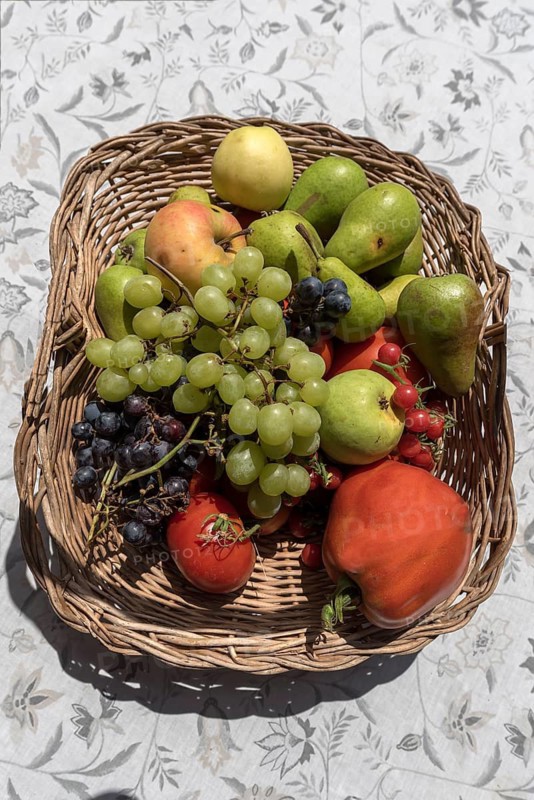 Woven basket with fruit and vegetables, Bavaria, Germany
