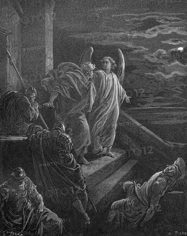 Liberation of Peter from prison, Acts chapter 12, verse 9, angel, liberator, vision, reality, dream, night, moon, darkness, watchman, guard, sentinel, sleep, steps, cloak, Christian religion, Bible, New Testament, steel engraving Doré, historical illustration 1885