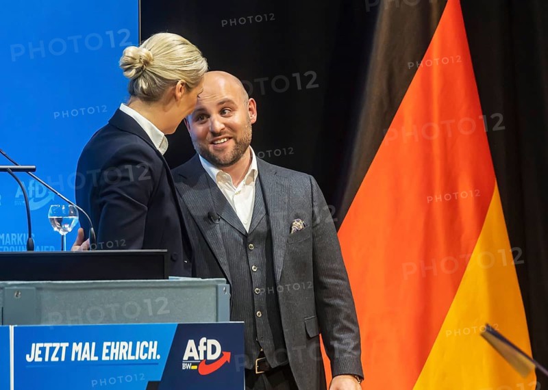 Campaign event for the state election of the AfD party at the Congress Centre Pforzheim CCP. Markus Frohnmaier (MdB, right) is the leading candidate for the office of Minister President in Baden-Württemberg. Alice Weidel, co-chair of the parliamentary group of the right-wing populist and far-right party Alternative for Germany AfD. Federal spokesperson of the party. Pforzheim, Baden-Württemberg, Germany