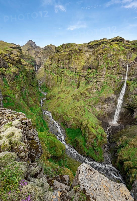 Mountain landscape with canyon, Hangandifoss waterfall in Múlagljúfur Canyon, Sudurland, Iceland