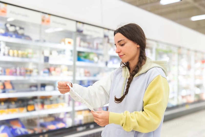 Woman concentrating on a shopping list in a supermarket, with a focus on making healthy food choices. The image captures her in front of a refrigerated section, looking down at her list