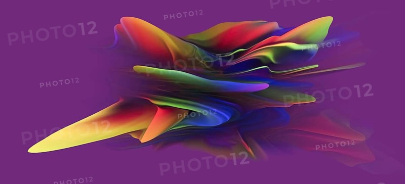 A dynamic holographic 3D shape with a surreal, colorful extrusion floating against a purple background, presenting a fluid, smooth texture and vibrant digital art appeal