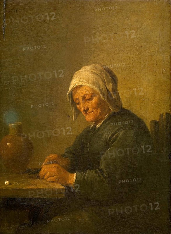 An old woman cutting tobacco, painting by David Teniers (baptised 15 December 1610 in Antwerp, died 25 April 1690 in Brussels), Flemish painter, draughtsman and curator. He was an innovator in a variety of genres such as history painting, genre painting, landscape, portrait and still life. He is most remembered today as the leading Flemish genre painter of his time, reproduction from a 17th century painting. Authentic, file restored for optimal use, exact date of original unknown