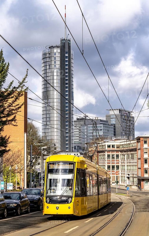 Essen city centre, RWE Tower, EVONIK building, Gutenbergstraße in the southern district, tram line, North Rhine-Westphalia, Germany