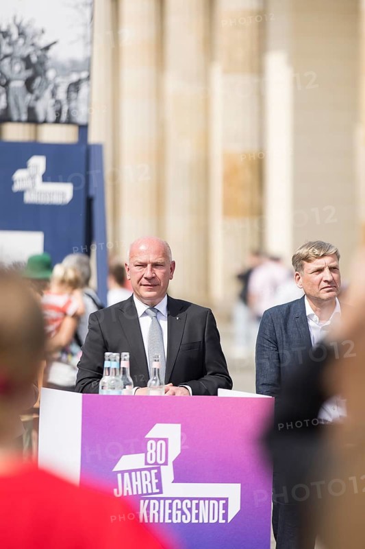 Kai Wegner (Governing Mayor of Berlin) at the opening of the exhibition ... finally peace? as part of the theme week 80 Years of the End of the War - Liberation of Europe from National Socialism at Pariser Platz, Berlin, 2 May 2025