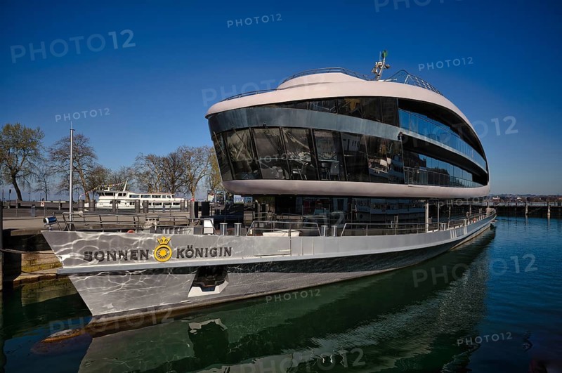 Event ship, passenger ship, motor ship Sonnenkönigin, anchored, harbour, Bregenz, Vorarlberg, Lake Constance, Austria