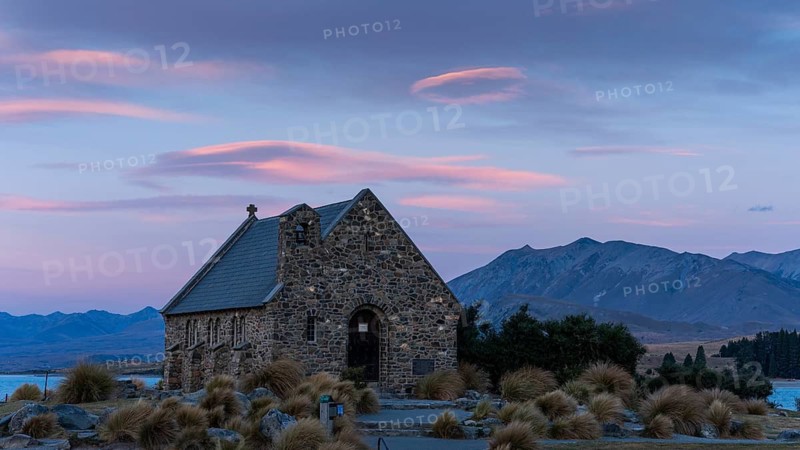 The small church The Church of the Good Shepherd on Lake Tekapo at sunset. Canterbury, South Island, New Zealand