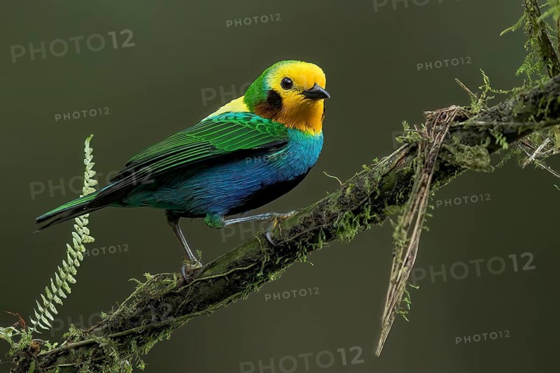 Multicolored Tanager (Chlorochrysa nitidissima) perched on a branch in Colombia, South America