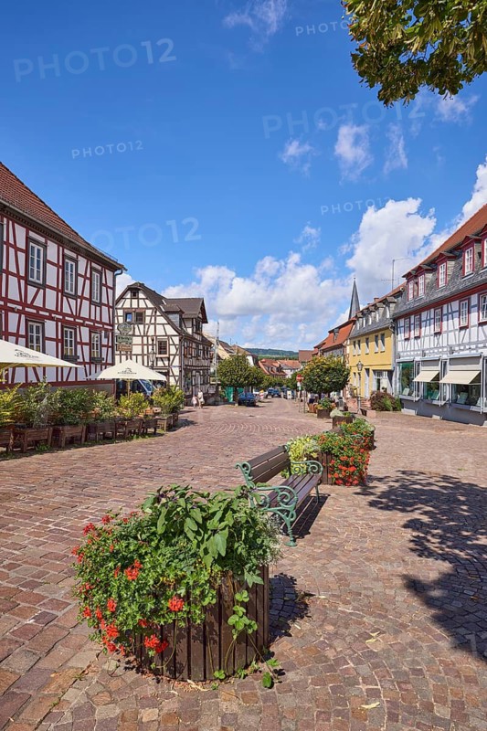 Lindenplatz with planters and bench, half-timbered houses with restaurant on Lindenplatz in Michelstadt, Odenwald, Odenwaldkreis, Hesse, Germany