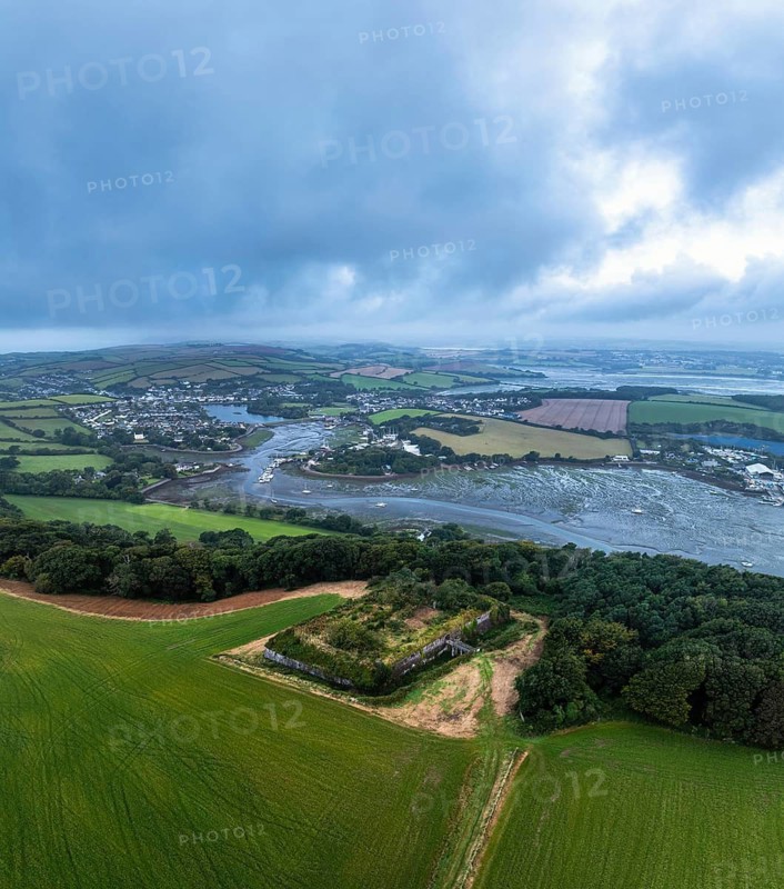 Hawkins Battery Fort over River Tamar from a drone, Cremyll, Plymouth, Devon, England, United Kingdom