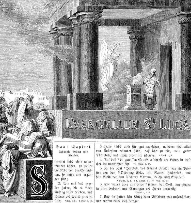 Introduction to the Gospel of Luke, New Testament, Temple, Priest, Sacrifice, Fire, Angel, Praying People, Title, Text, Bible, Historical Illustration 1850