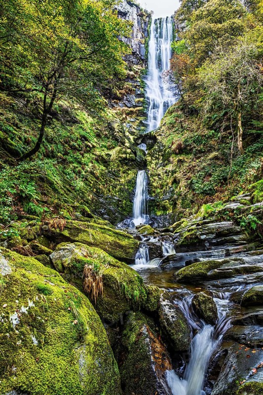 Autumn colors over Pistyll Rhaeadr Waterfall, Berwyn Mountains, Oswestry, Shrewsbury, Wales, UK