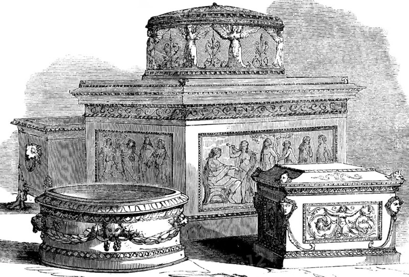 Greek and Roman vessels of alabaster, Luke Gospel, chapter 7, verse 37, New Testament, Pharisee, casket, box, small chest, storage, numerous ornaments, jewelry, art, crafts, handwork, Bible, historical illustration 1850