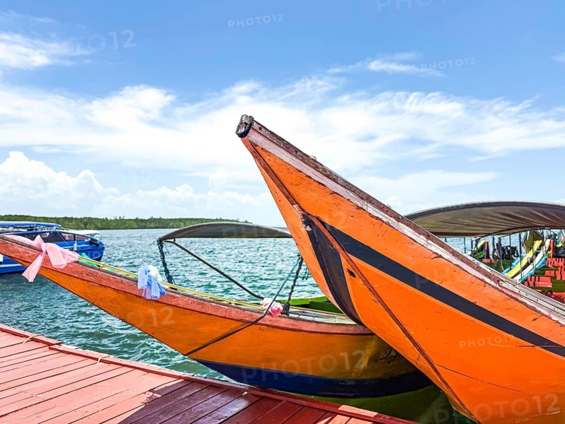 Colorful traditional longtail boats rest alongside a sunlit dock in Phuket, Thailand. The image captures the vibrant beauty and serene ambiance of this tropical paradise