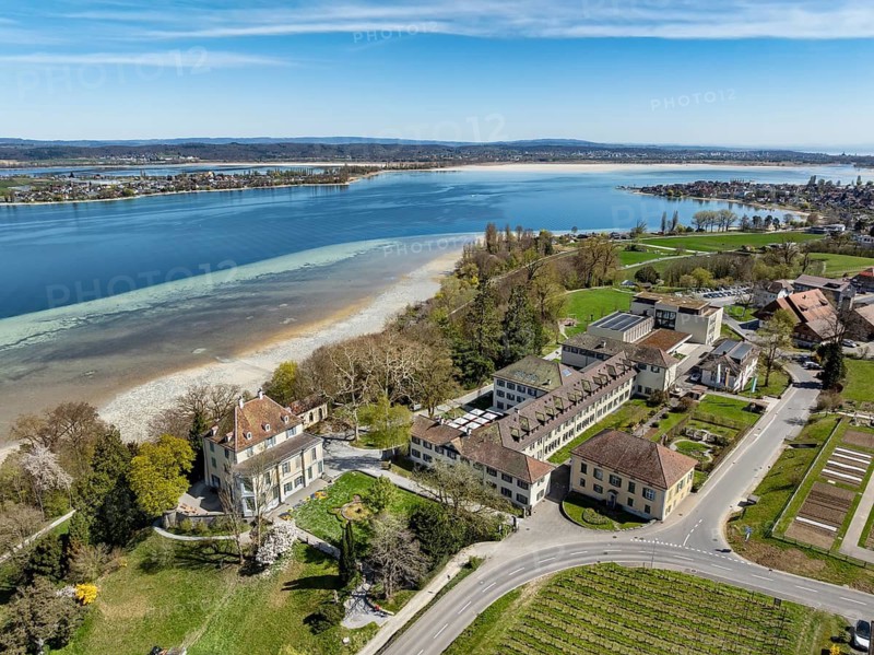 Aerial view of Arenenberg with Arenenberg Castle, Napoleon Museum on western Lake Constance, on the horizon the island of Reichenau and Constance, Canton Thurgau, Switzerland