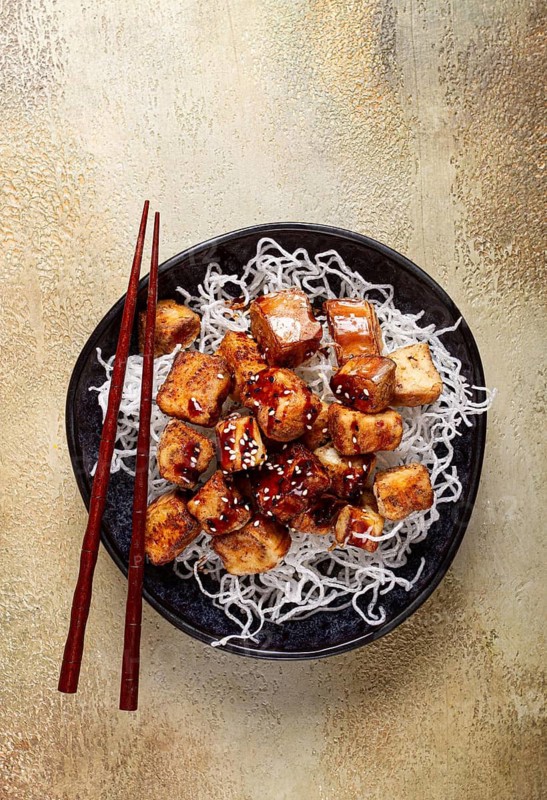 Fried eggplant, with funchosa noodles, with teriyaki sauce and sesame seeds, homemade, no people