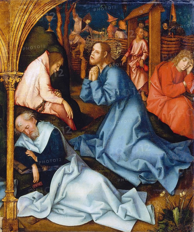 Prayer on the Mount of Olives, a central scene of the Passion of Christ in the Garden of Gethsemane, authentic reproduction of a work of art, painting, drawing by Hans Holbein the Elder (born 1465 in Augsburg, died 1524 in Basel or Isenheim), German Renaissance painter, historical