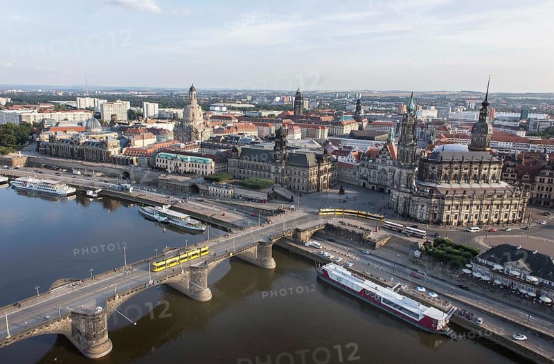 Dresden, 21.08.13 JE - Aerial view of Dresden, view of Augustus Bridge, Elbe, Hofkirche, Terrassenufer and Church of Our Lady, Dresden, Germany
