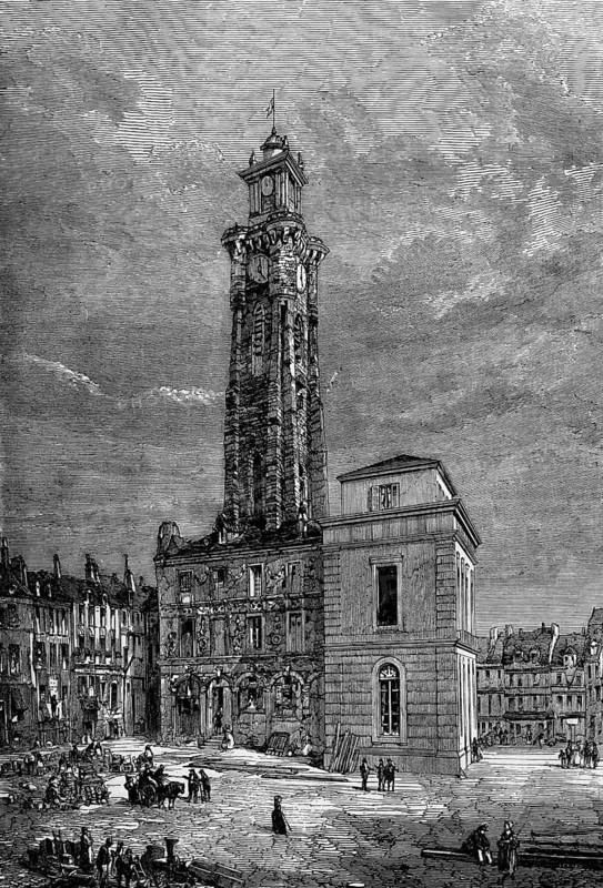 The belfry of Valenciennes, a town in the Nord department in northern France. Site of a siege on 13 June and 28 July 1793 during the Flanders campaign in the First Coalition War, digital reproduction of a historical model
