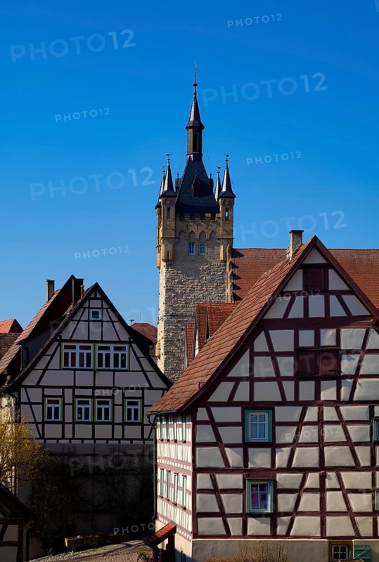 Blue Tower, keep, half-timbered house, Burgviertel, Altstadt, Bad Wimpfen, Kraichgau, Baden-Württemberg, Germany