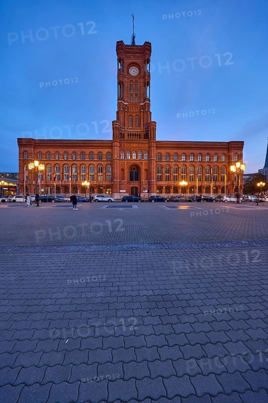 Red Town Hall at dusk, Rathausstraße, Berlin, capital city, independent city, federal state Berlin, Germany