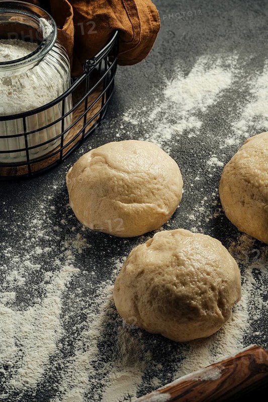 Fresh dough balls rest on a flour dusted black counter top. A glass jar filled with flour is nearby, ready for baking preparations. The scene captures a rustic kitchen vibe