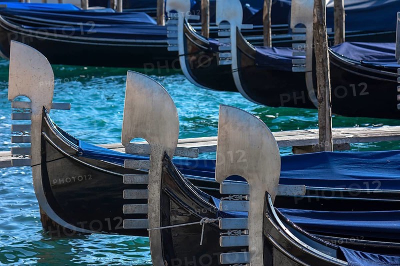 Metal tails on the gondolas, the six points symbolize the six districts of Venice, Venice, Veneto, Italy