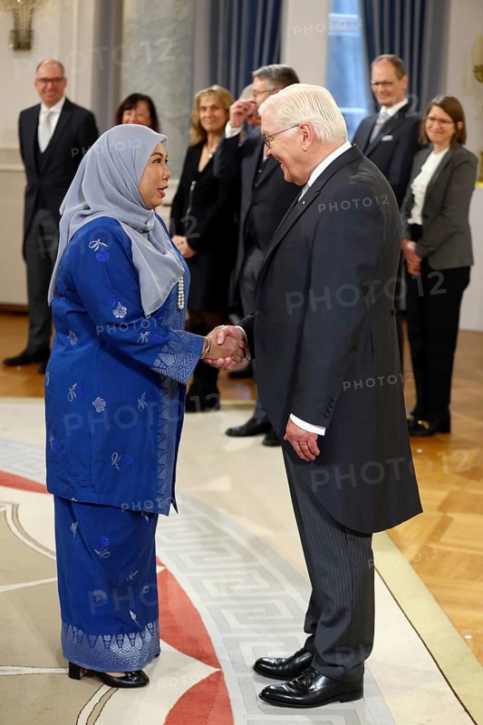 Adina Binti Kamarudin Malaysia is received by Frank-Walter Steinmeier (President of the Federal Republic of Germany) in front of the Federal President's New Year's Reception at Bellevue Palace, Berlin 14 January 2025
