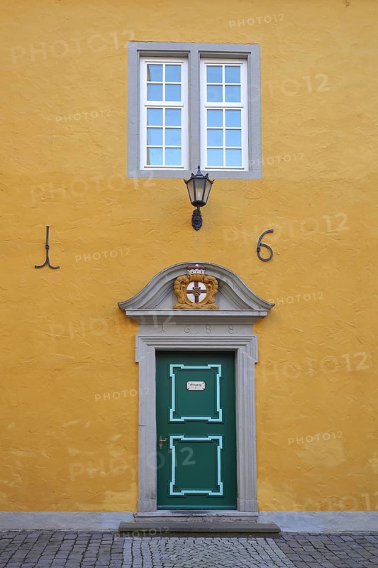 Courtyard with front door and window, castle, Montabaur, Rhineland-Palatinate, Germany