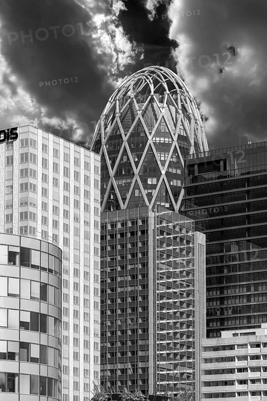 High-rise office buildings in La Défence, largest high-rise office district in Europe, black and white, Paris, France