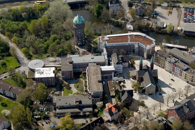Groß Sand, Hamburg, Wilhelmsburg, hospital, Groß Sand, care, water tower, church, Bonifatiusstraße, aerial view, aerial view