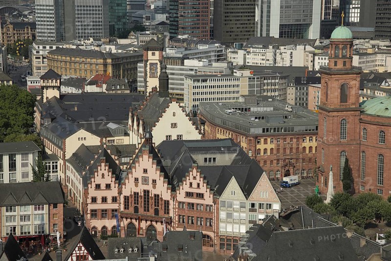 Römer, Neues Rathaus, Paulskirche, Haus Laderam Alt-Limpurg, Haus zum Römer, Haus Frauenstein, Salzhaus, view from above, Frankfurt am Main, Old Town, Hesse, Germany
