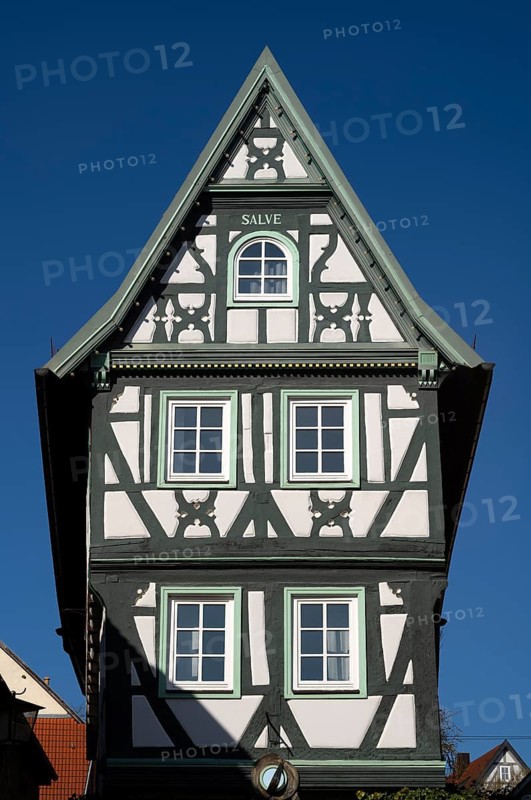 Narrow house, half-timbered house, SALVE logo, old town, Bad Wimpfen, Kraichgau, Baden-Württemberg, Germany