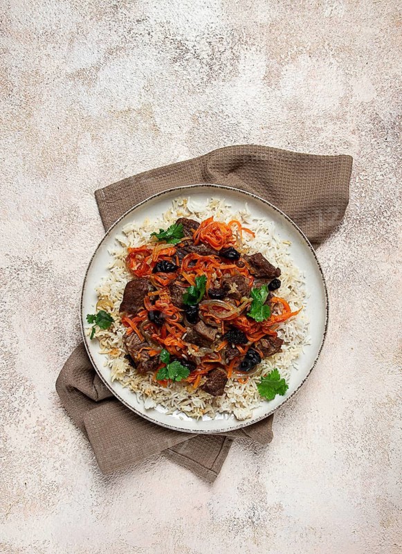 Kabuli pulao, pilaf, the national dish of Afghanistan, rice with meat, homemade, no people