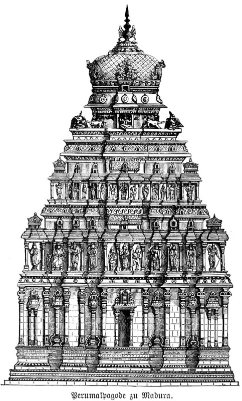 Perumal Pagoda in Madurai, temple complex with rich decorations, statues, columns, Buddhism, state of Tamil Nadu, India, historical illustration 1880