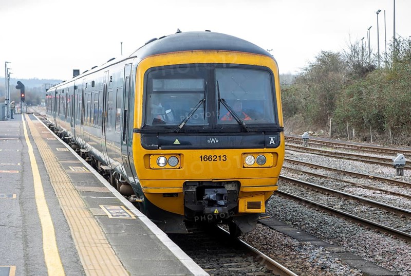 Great Western Railway Class 166 Network Express Turbo train GWR 166213, Westbury railway station, Westbury, Wiltshire, England, UK