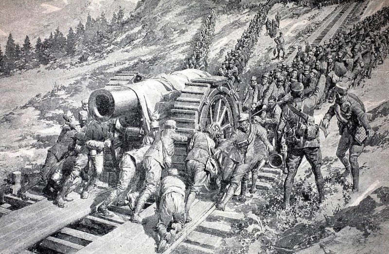 First World War, difficult transportation of a heavy gun in the Italian Alps, Italian soldiers, around 1916, mountain war in the Alps, illustration, reproduction from a model from the 19th century. Authentic, file restored for optimal use, exact date of submission unknown, historical