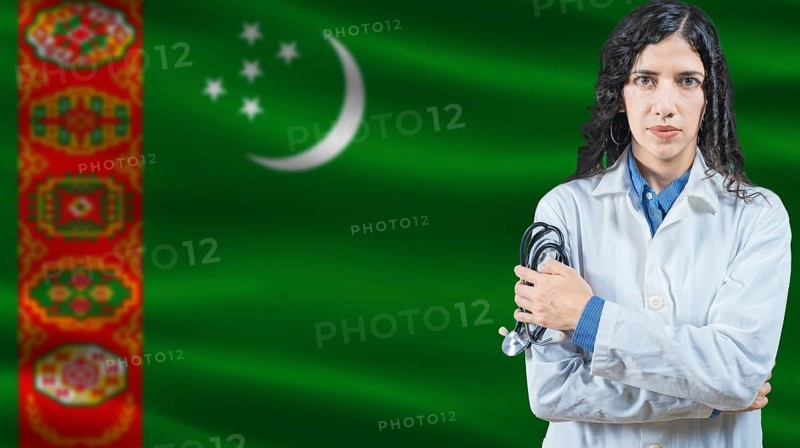 Turkmen national health system, Medical professional on Turkmenistan flag background