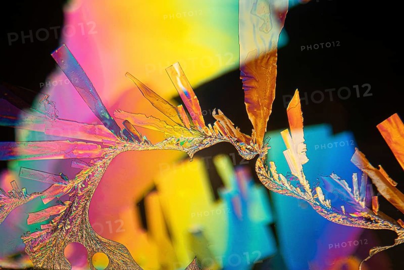 A striking microscopic image showcasing the intricate structures of Vitamin C crystals, highlighted by a vivid spectrum of colors ranging from neon pink to deep blue and radiant yellow, creating a stunning visual effect