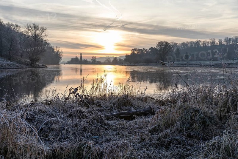 Wintery morning mood, Elbe meadows with hoarfrost, sunrise over the Elbe, Coswig, Saxony, Germany